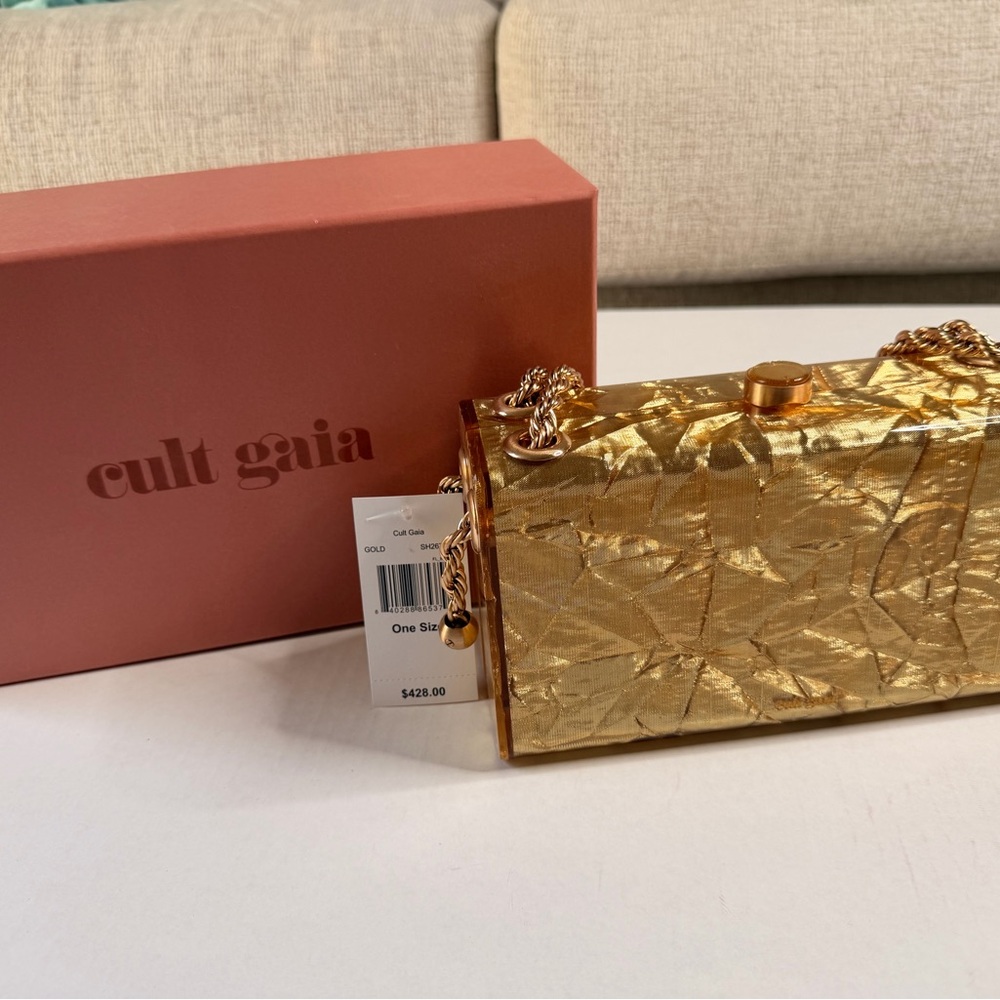 cult gaia Gold Metallic Crinkled Box Clutch with Chain